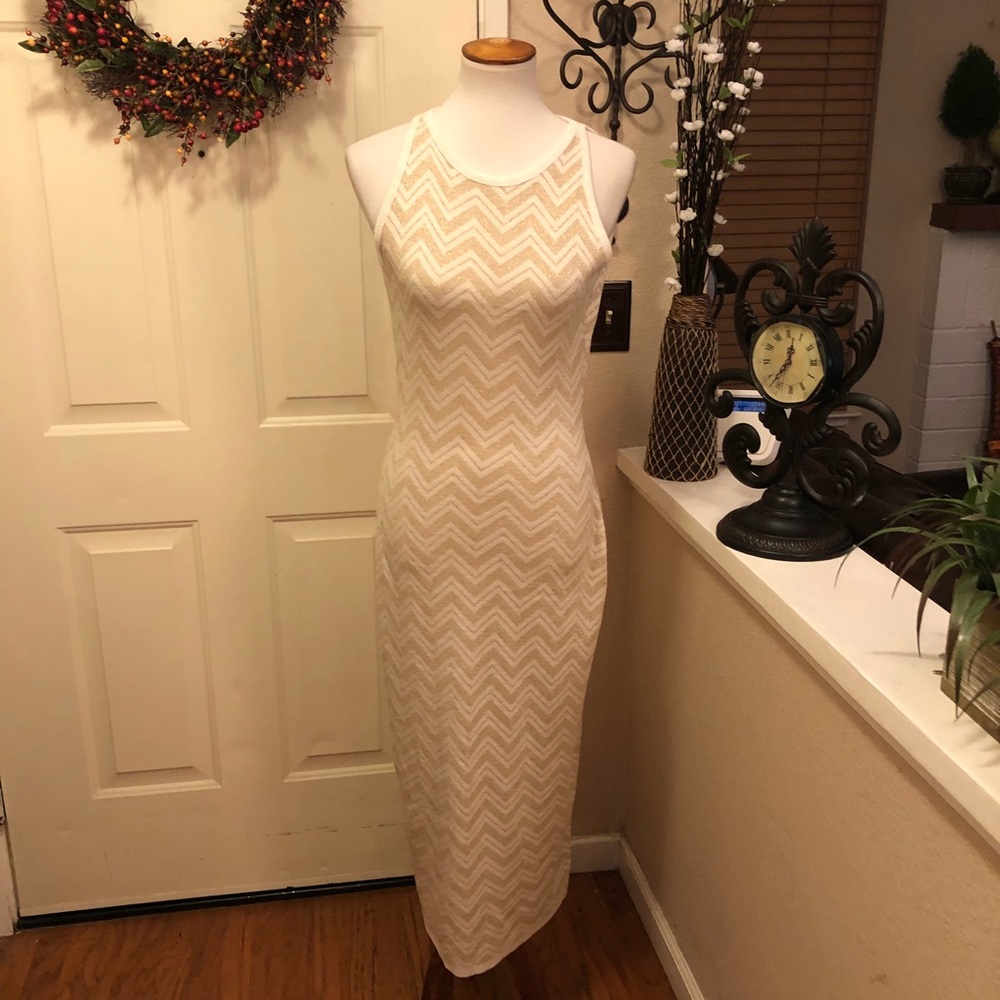 NewPort News Metallic Gold Chevron Long Dress